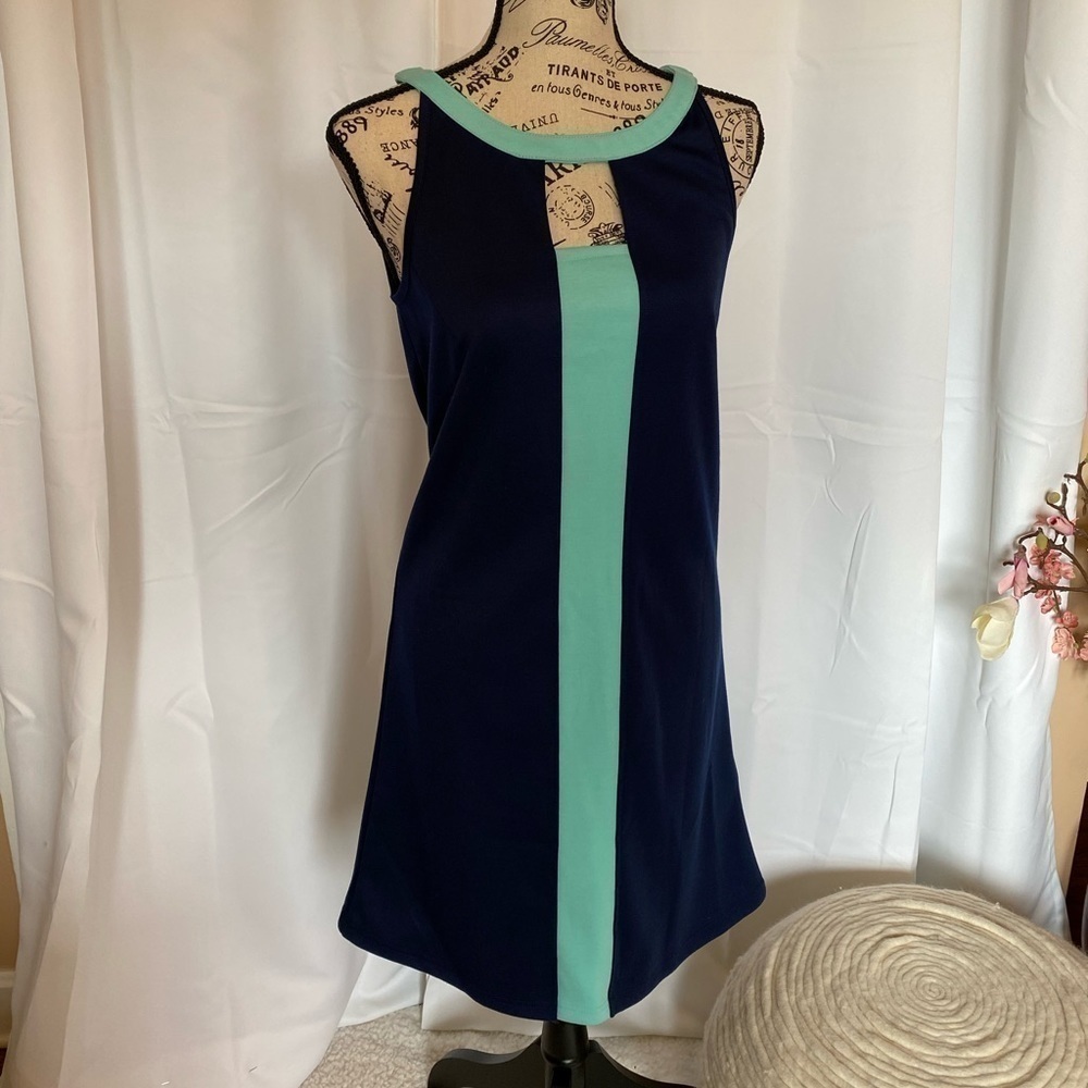 VERA Fishbaugh Sleeveless Dress Navy Blue and Teal Size XS Like New